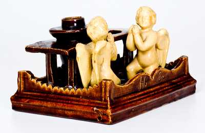 Unusual Rockingham Inkstand w/ Applied Angel Figures, possibly Ohio