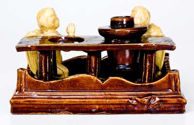 Unusual Rockingham Inkstand w/ Applied Angel Figures, possibly Ohio