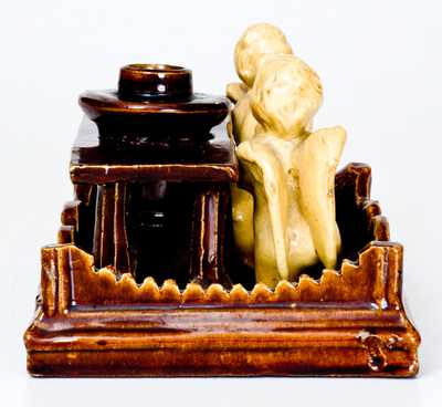 Unusual Rockingham Inkstand w/ Applied Angel Figures, possibly Ohio