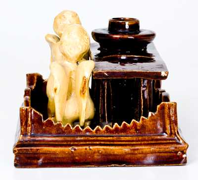 Unusual Rockingham Inkstand w/ Applied Angel Figures, possibly Ohio