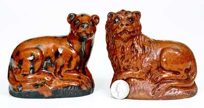 Very Unusual Pair of Redware Male and Female Lions, probably Pennsylvania