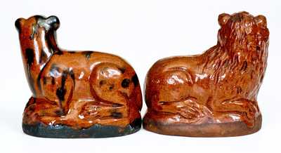 Very Unusual Pair of Redware Male and Female Lions, probably Pennsylvania