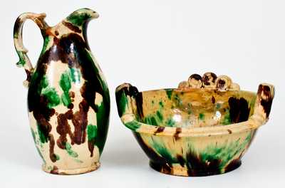 Exceptional Shenandoah Valley Multi-Glazed Redware Pitcher and Washbowl Set