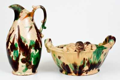 Exceptional Shenandoah Valley Multi-Glazed Redware Pitcher and Washbowl Set