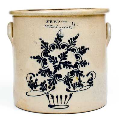 Unusual 4 Gal. WM. E. WARNER / WEST TROY Stoneware Crock w/ Flower Basket