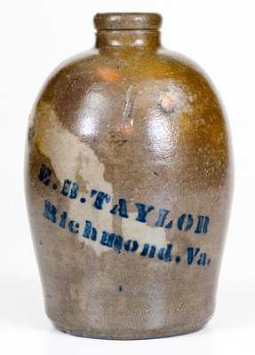 Unusual One-Quart E. B. TAYLOR / Richmond, VA Stoneware Jug