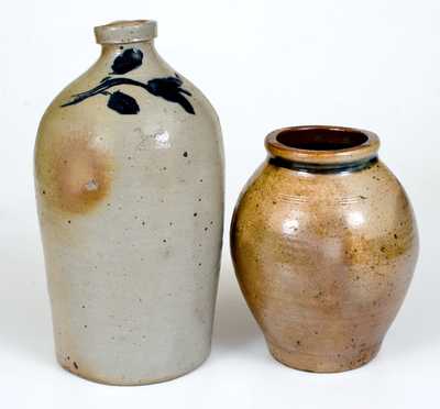 Lot of Two: Small-Sized Manhattan Stoneware Jar and Jug w/ Tulip Decoration