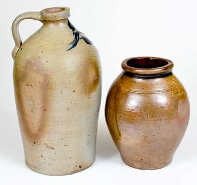 Lot of Two: Small-Sized Manhattan Stoneware Jar and Jug w/ Tulip Decoration