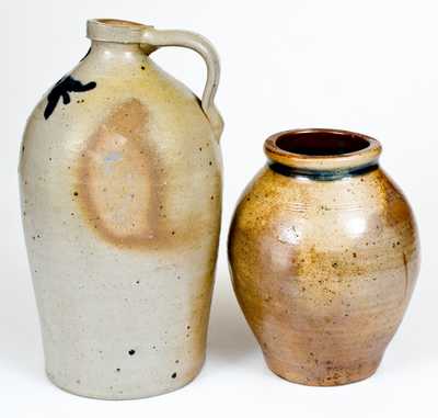 Lot of Two: Small-Sized Manhattan Stoneware Jar and Jug w/ Tulip Decoration