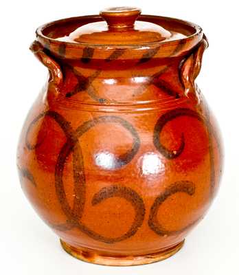 Exceptional David Mandeville, Circleville, NY Redware Rope-Handled Jar w/ Bold Manganese Decoration
