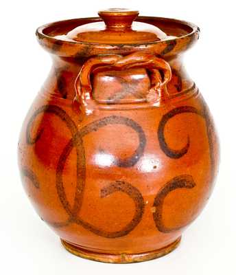 Exceptional David Mandeville, Circleville, NY Redware Rope-Handled Jar w/ Bold Manganese Decoration