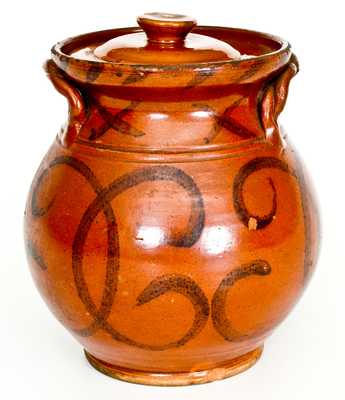 Exceptional David Mandeville, Circleville, NY Redware Rope-Handled Jar w/ Bold Manganese Decoration