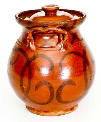 Exceptional David Mandeville, Circleville, NY Redware Rope-Handled Jar w/ Bold Manganese Decoration
