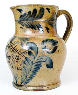 Rare and Important Remmey, Philadelphia Stoneware Presentation Pitcher w/ Occupational Shaving Mug