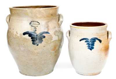 Two Norwalk, CT Stoneware Jars with Cobalt Foliate Decoration, circa 1840