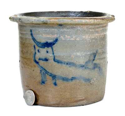 Unusual Small-Sized Stoneware Pail-Shaped Jar w/ Bull Design (Southern or Midwestern)