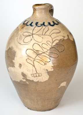 Early Capital District, NY Stoneware Jug w/ Folky Incised Floral Design