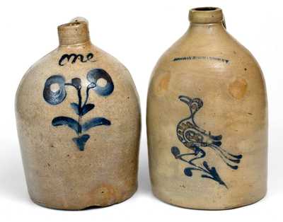 Lot of Two: 1 Gal. Stoneware Jugs incl. W. ROBERTS BINGHAMTON w/ Bird Decoration