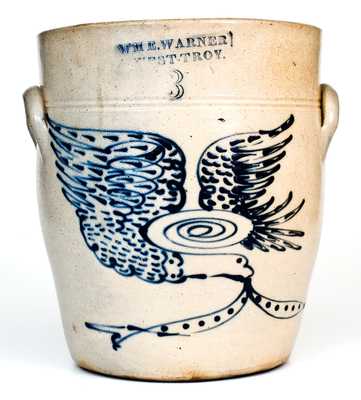 Outstanding WM. E. WARNER / WEST TROY Stoneware Jar w/ Elaborate Slip-Trailed Eagle