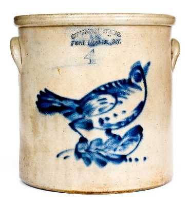 OTTMAN BRO'S & CO. / FORT EDWARD, NY Stoneware Crock w/ Unusual Bird Decoration