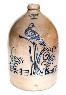 Rare and Exceptional S. D. KELLOGG/ WHATELY Stoneware Jug with Elaborate Bird Scene