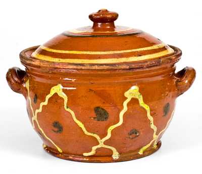 Unusual Pennsylvania Redware Sugar Bowl with Elaborate Multi-Colored Slip Decoration