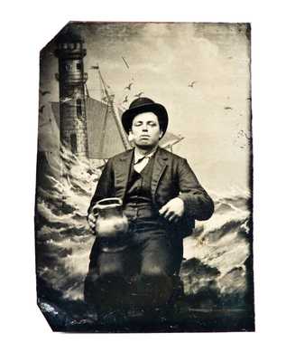 Rare Tintype with Man Holding Baltimore Stoneware Pitcher, circa 1870