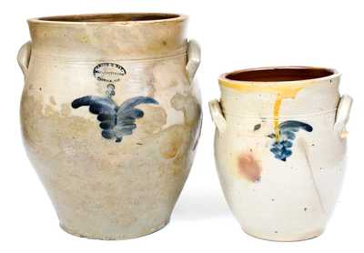 Two Norwalk, CT Stoneware Jars with Cobalt Foliate Decoration, circa 1840