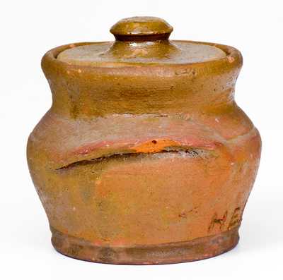 Rare Signed HENRY SCHOFIELD Lidded Redware Sugar Bowl, Cecil County, MD, c1930