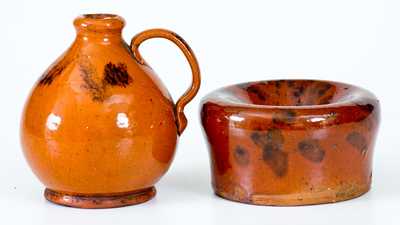 Lot of Two: Small-Sized Redware Jug and Spittoon with Manganese Decoration