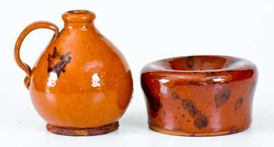 Lot of Two: Small-Sized Redware Jug and Spittoon with Manganese Decoration
