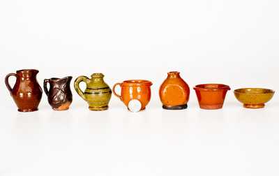 Lot of Seven: Miniature Redware Vessels incl. Unusual I. Stahl Jug and Molded Anchor Pitcher
