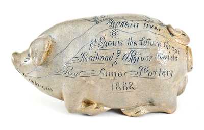 Fine Anna Pottery Salt-Glazed Stoneware Railroad Pig Flask, 1882