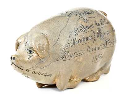Fine Salt-Glazed Stoneware Anna Pottery Pig Bottle w/ Elaborate Inscription