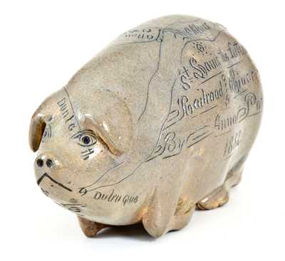 Fine Salt-Glazed Stoneware Anna Pottery Pig Bottle w/ Elaborate Inscription