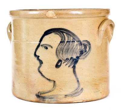Rare attrib. Manhattan Stoneware Crock with Cobalt Lady s Profile, c1870