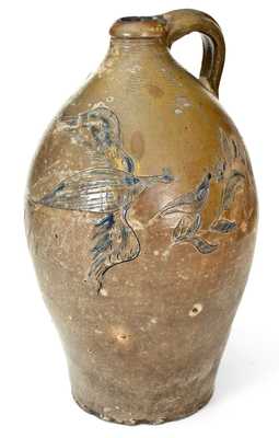 Outstanding Early American Stoneware Jug w/ Incised Eagle and Bird Scene