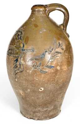 Outstanding Early American Stoneware Jug w/ Incised Eagle and Bird Scene