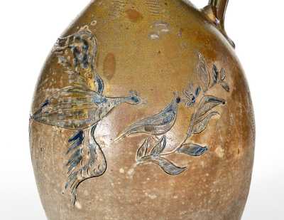 Outstanding Early American Stoneware Jug w/ Incised Eagle and Bird Scene