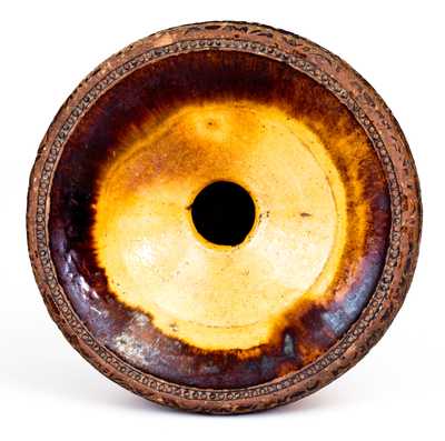 Unusual New England Redware Spittoon w/ Coggled Designs