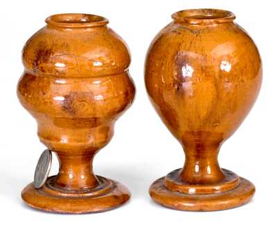 Extremely Rare Pair of New England Redware Whale Oil Lamps