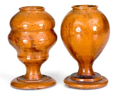 Extremely Rare Pair of New England Redware Whale Oil Lamps