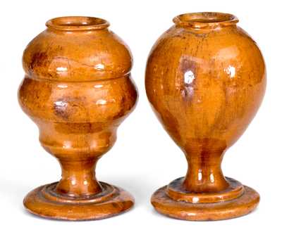 Extremely Rare Pair of New England Redware Whale Oil Lamps