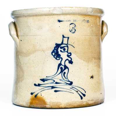 Rare W. ROBERTS BINGHAMTON, NY Stoneware Crock w/ Slip-Trailed Man Decoration