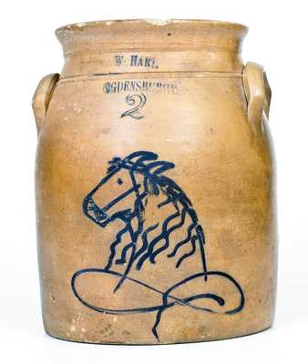 Rare W. HART / OGDENSBURGH Stoneware Jar w/ Horse Head Decoration