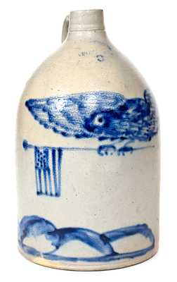 Outstanding WEST TROY POTTERY Stoneware Jug w/ Bold Patriotic Eagle Scene