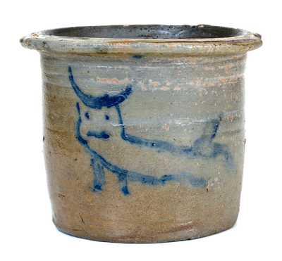 Unusual Small-Sized Stoneware Pail-Shaped Jar w/ Bull Design (Southern or Midwestern)