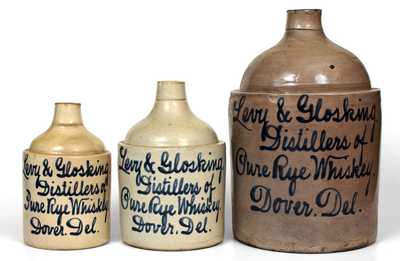 Lot of Three: Dover, Delaware, Pure Rye Whiskey Stoneware Script Jugs