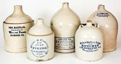 Five Advertising Jugs: Hagerstown, MD; Covington, KY; Shamokin, PA; Shadyside, OH; Buffalo, NY