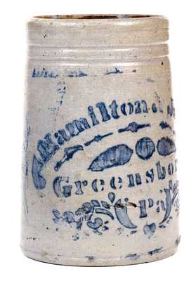 One-Quart Hamilton & Jones / Greensboro, PA Stoneware Canning Jar w/ Stenciled Decoration